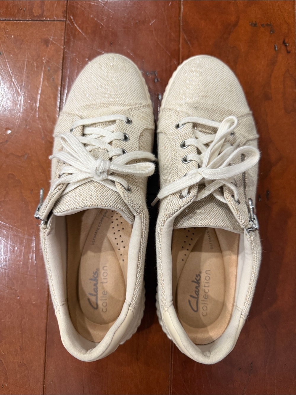 Clarks Women's Cream Canvas Lace-Up Sneakers with Side Zip